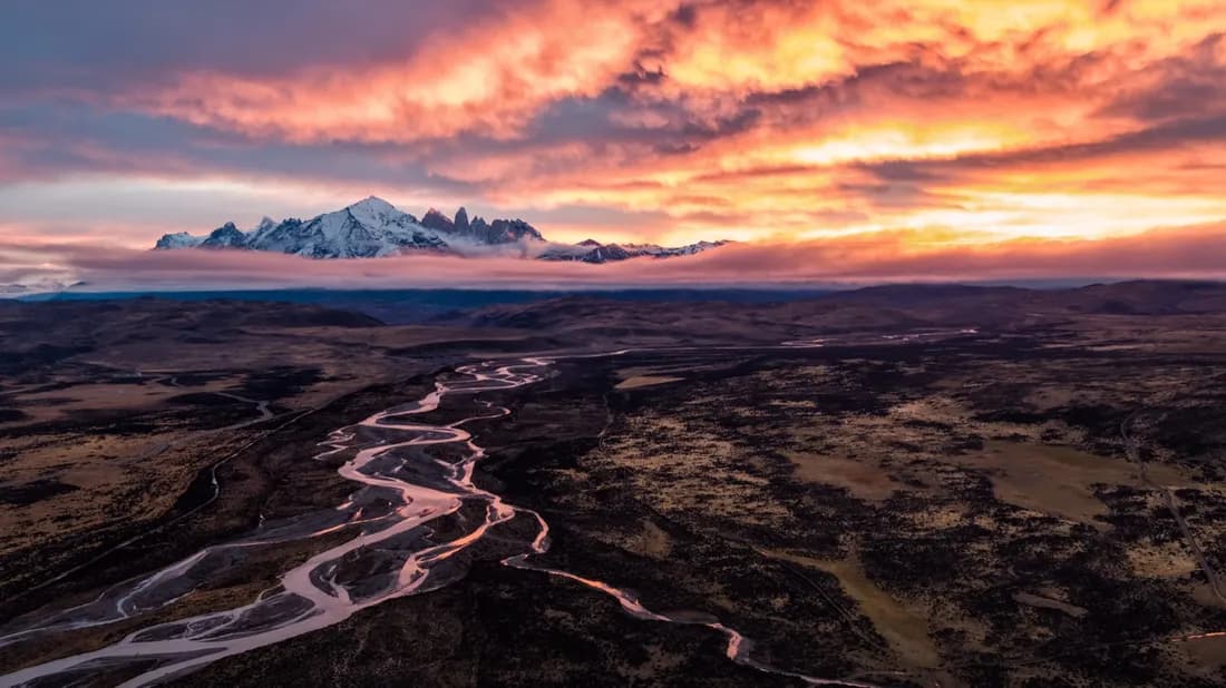 Sunset over the Patagonian river landscape